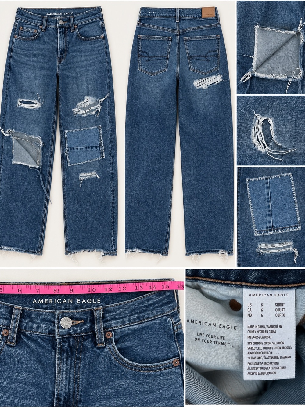 American Eagle Outfitters Blue Distressed Patchwork Straight Leg Jeans